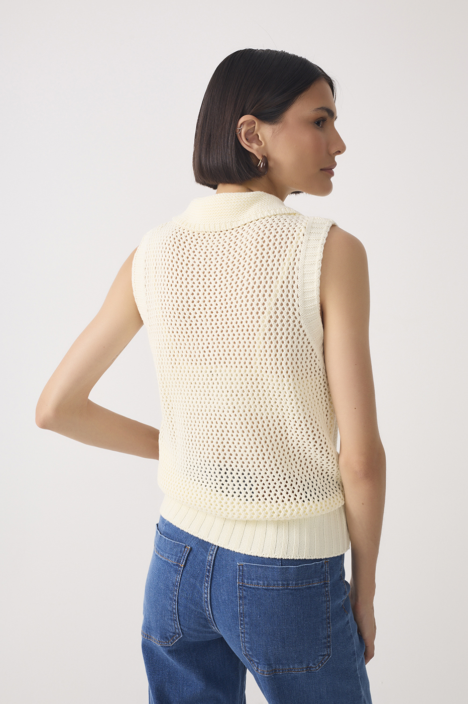 Collared V Neck Sleeveless Tricot Blouse_5