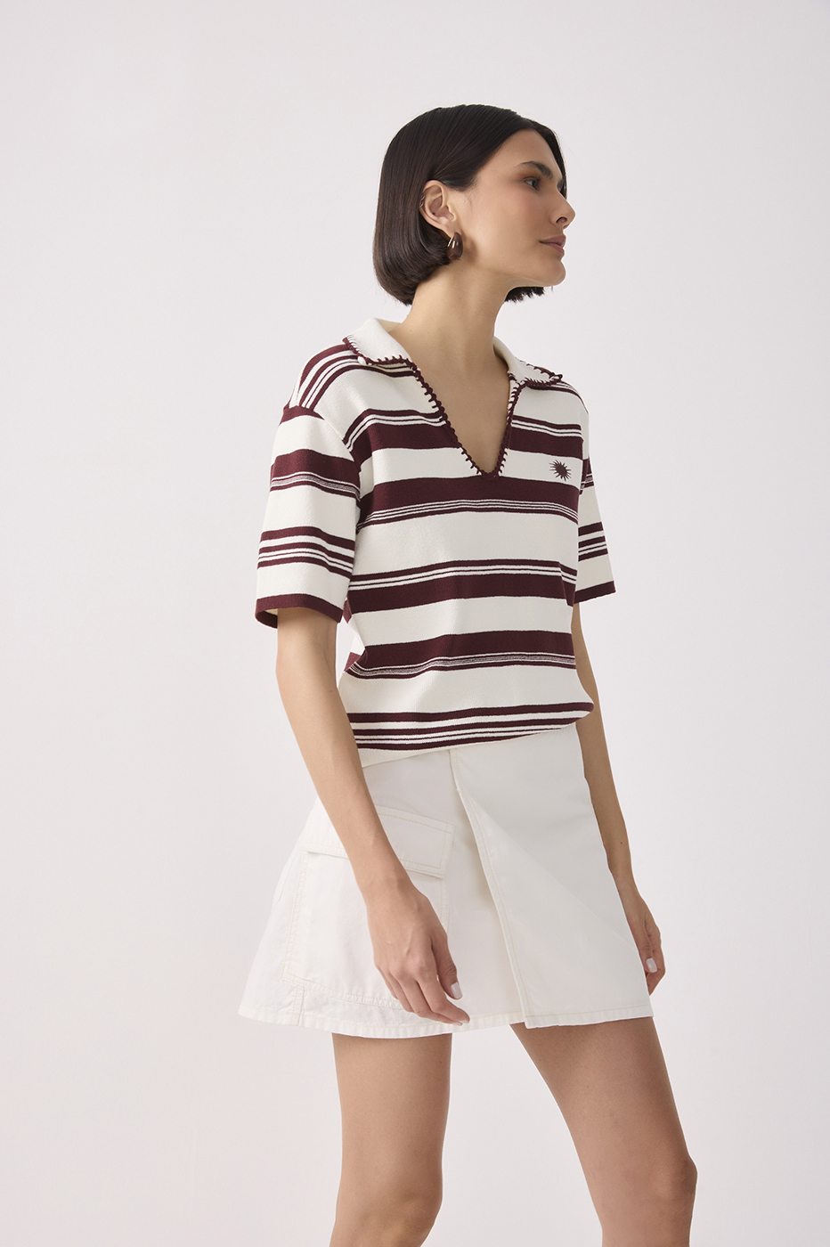 Wine Stripes Embroidered Short Sleeve Polo Shirt_3