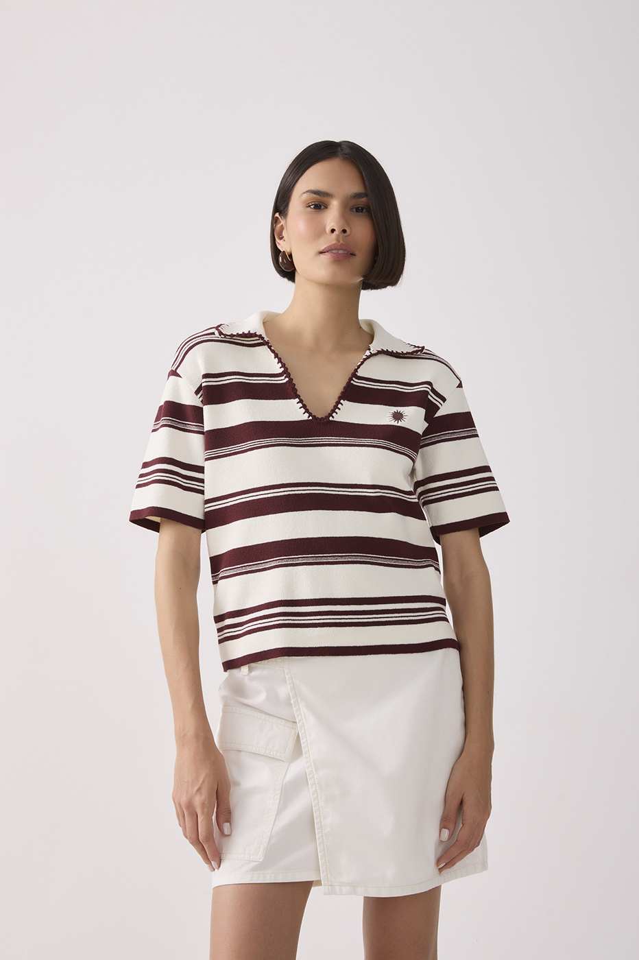 Wine Stripes Embroidered Short Sleeve Polo Shirt_5