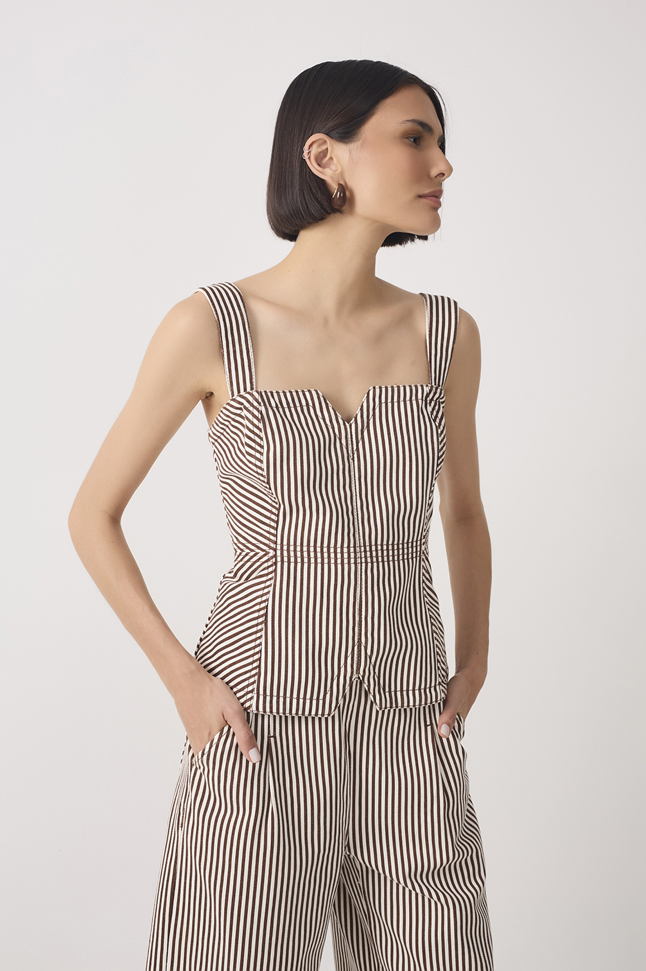Brown Stripes Removable Straps Twill Top_3
