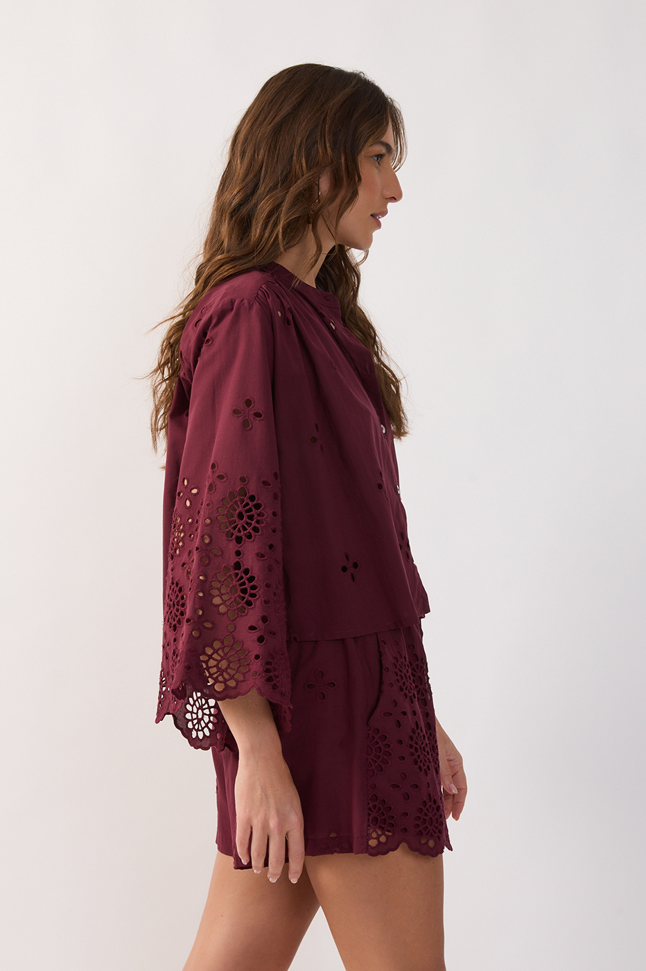 Embroidered Kimono Sleeve Buttoned Blouse_3