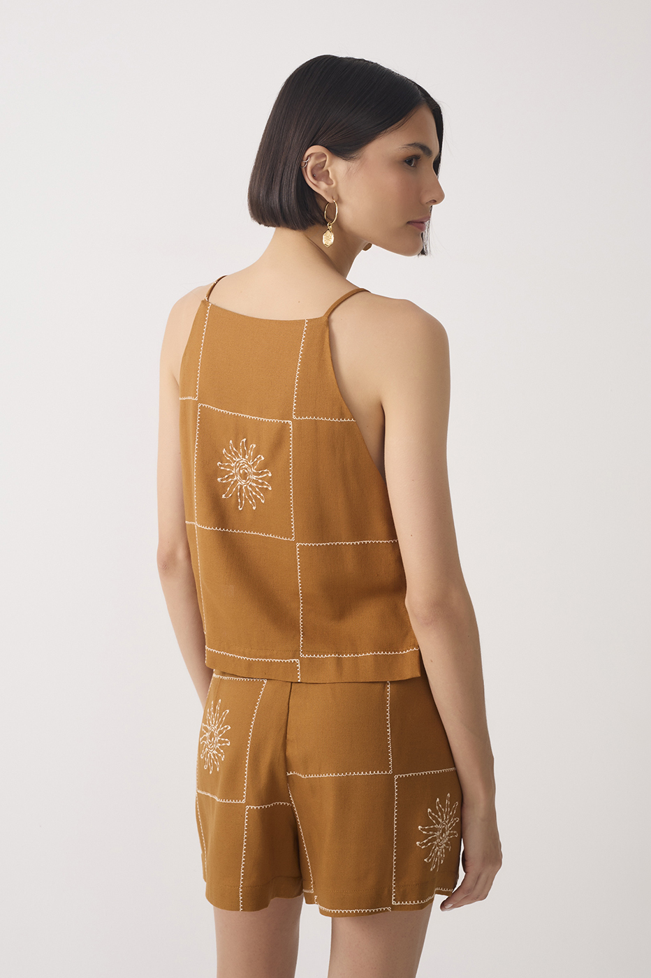 Brown Embroidered Plaid Linen Blouse_5