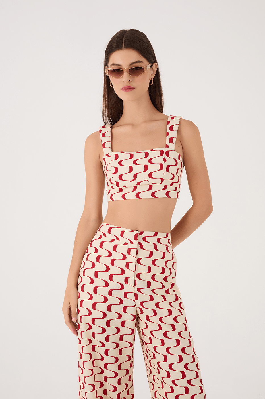 Red Copanema Square Neck Smocked Sleeveless Crop Top
