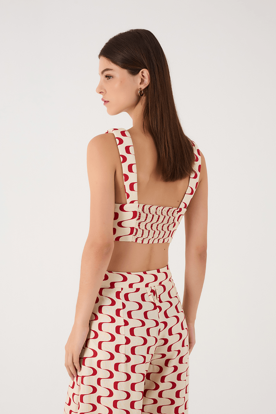 Red Copanema Square Neck Smocked Sleeveless Crop Top
