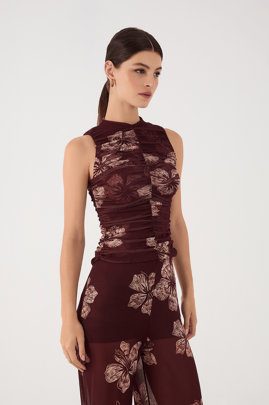 Brown Grumari Sleeveless Draped Tulle Top