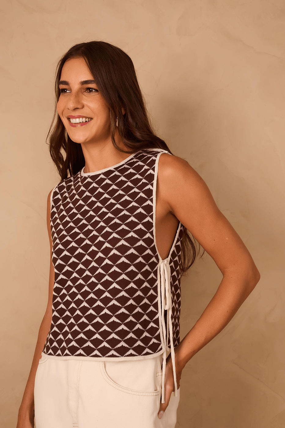 Brown Asa Delta Open Side Ties Reversible Tricot Top