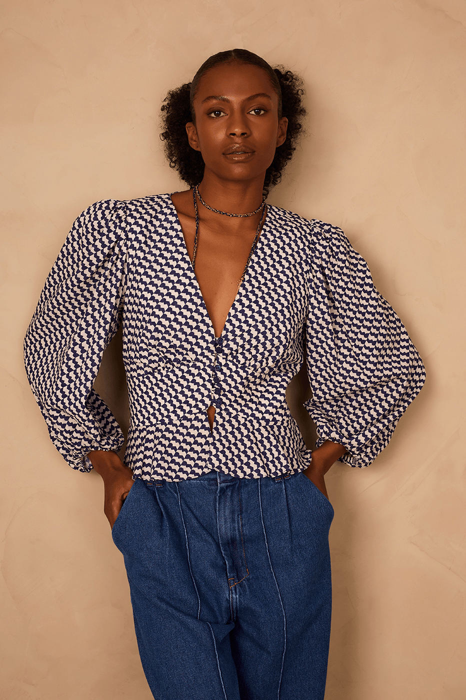 Blue Gavea V Neck Buttoned Puff Sleeve Blouse_1