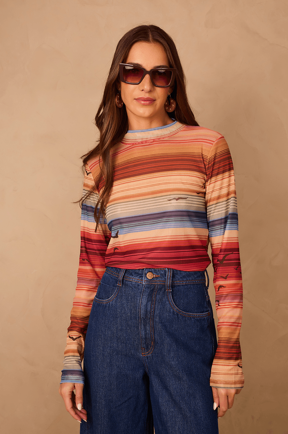 Multicolor Arpoador Boat Neck Long Sleeve Tulle Blouse_1