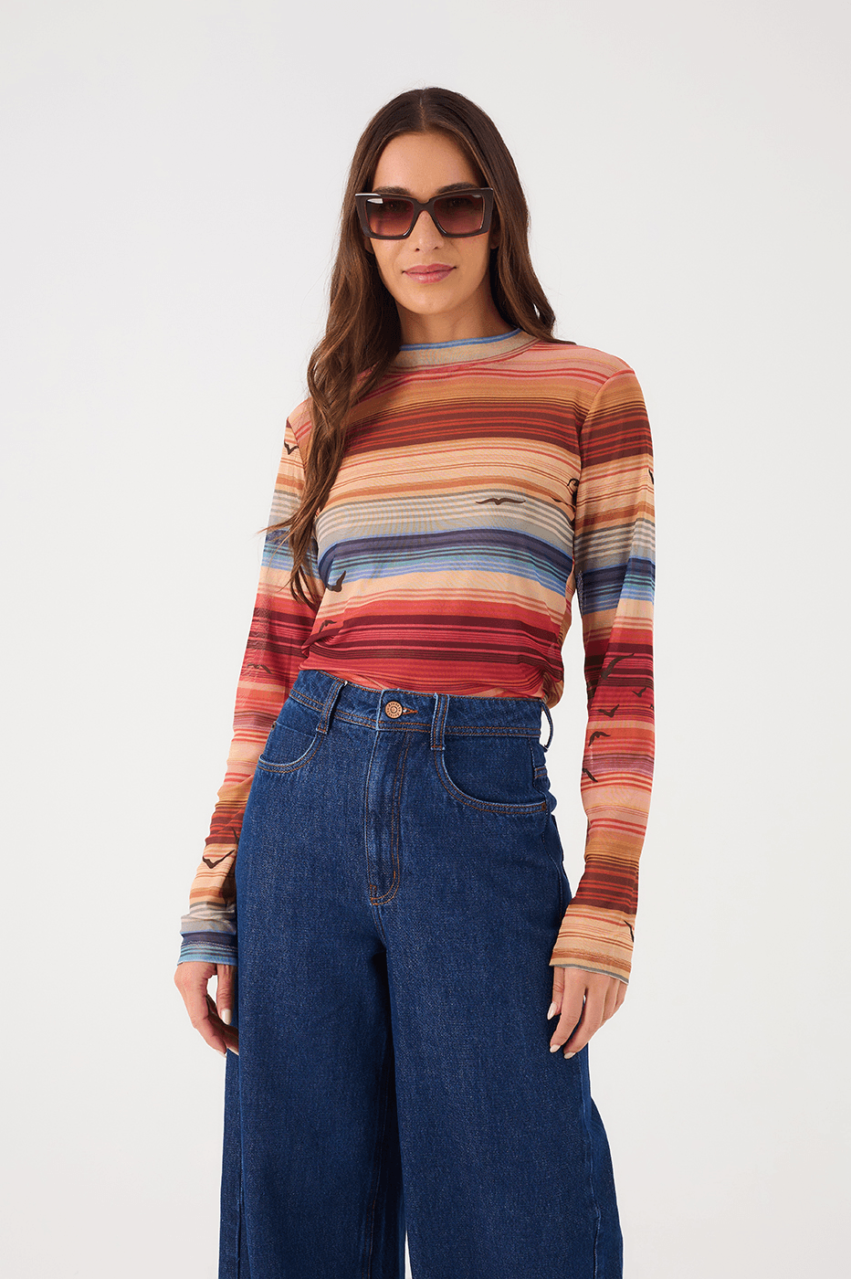 Multicolor Arpoador Boat Neck Long Sleeve Tulle Blouse_2