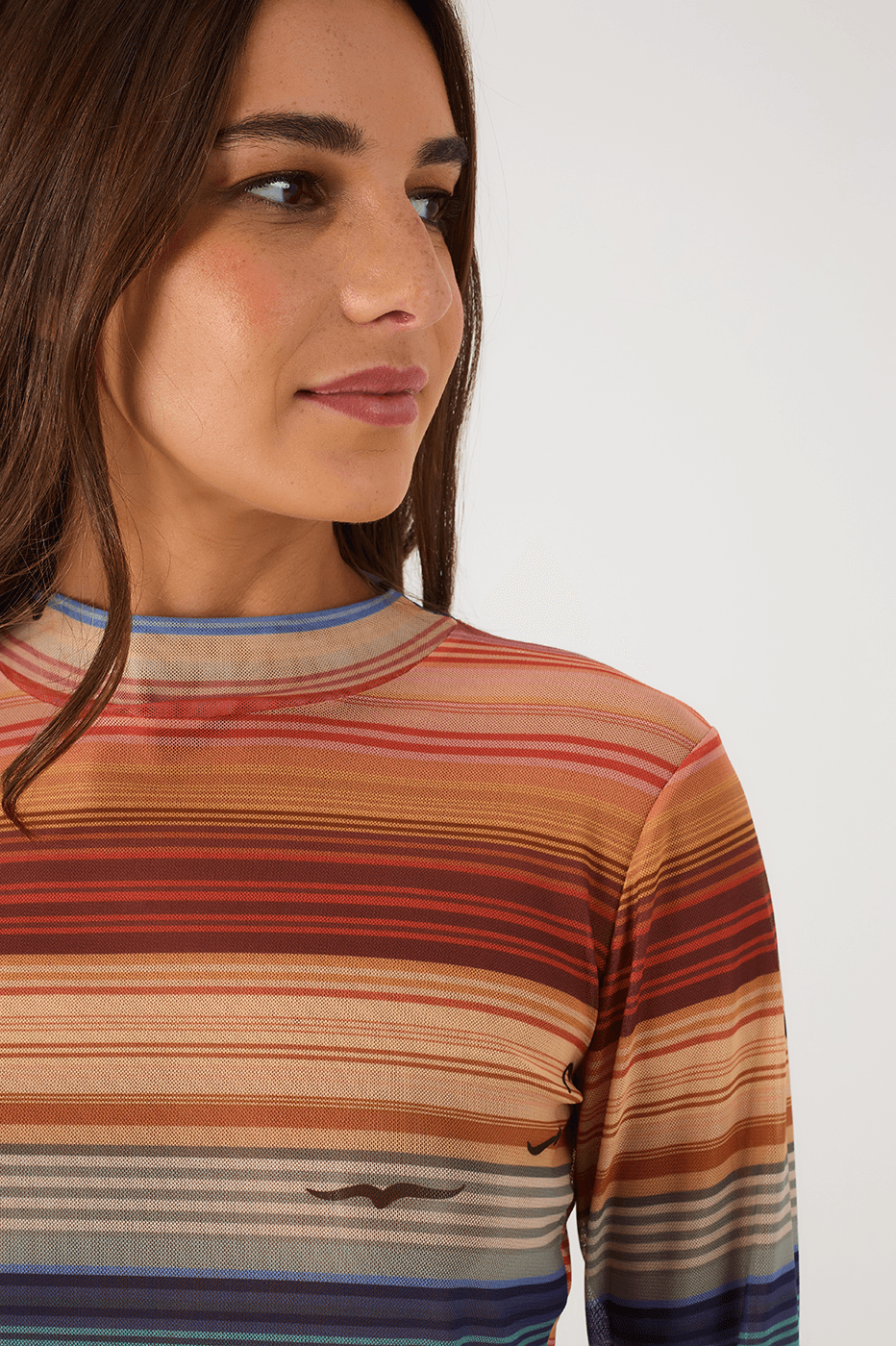 Multicolor Arpoador Boat Neck Long Sleeve Tulle Blouse_5