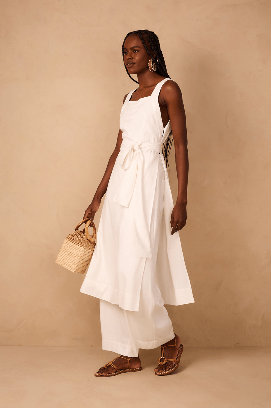 Off-White Square Neck Side Slits Belted Linen Midi Tunic_1