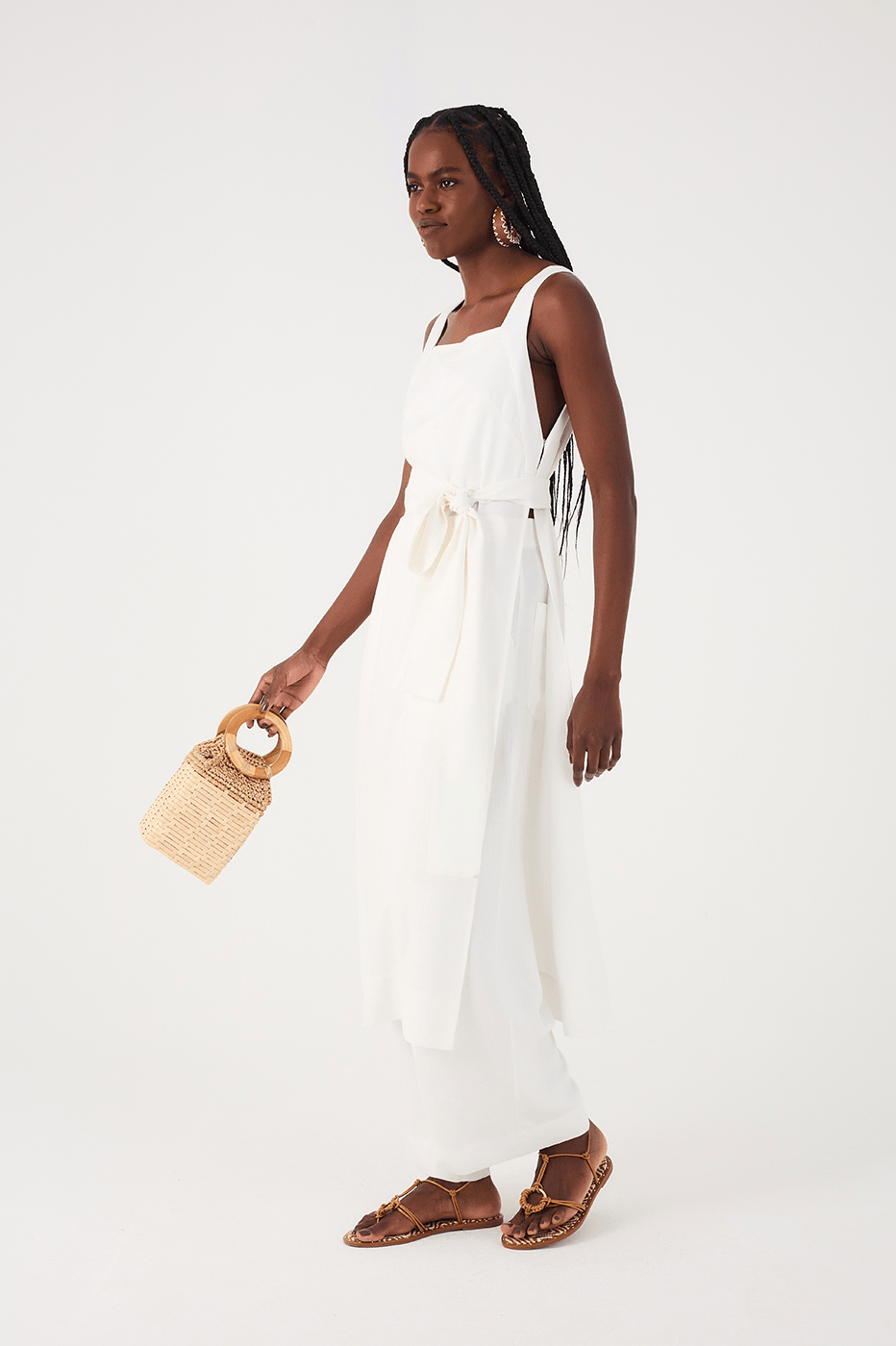 Off-White Square Neck Side Slits Belted Linen Midi Tunic_2