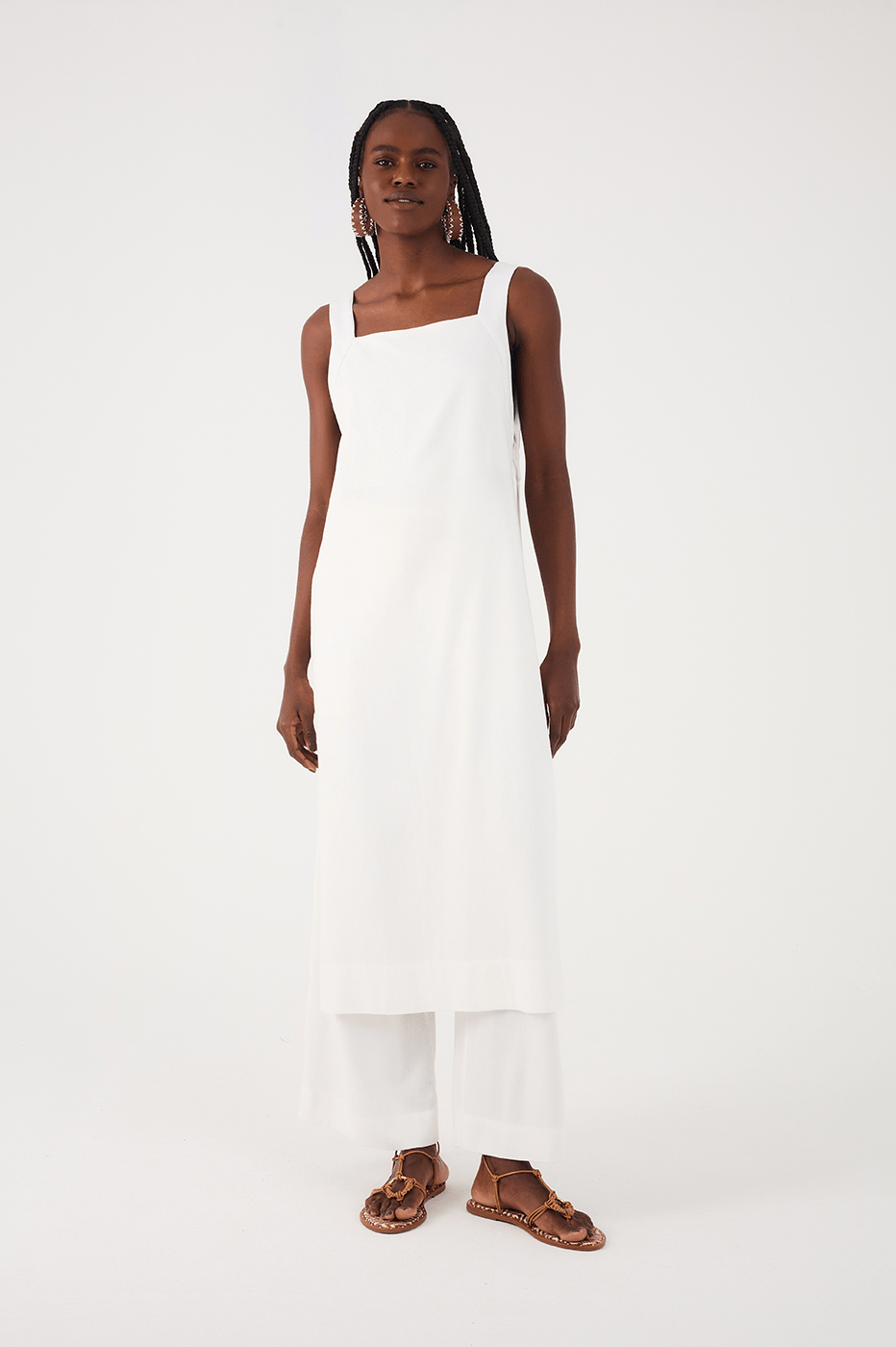 Off-White Square Neck Side Slits Belted Linen Midi Tunic_3