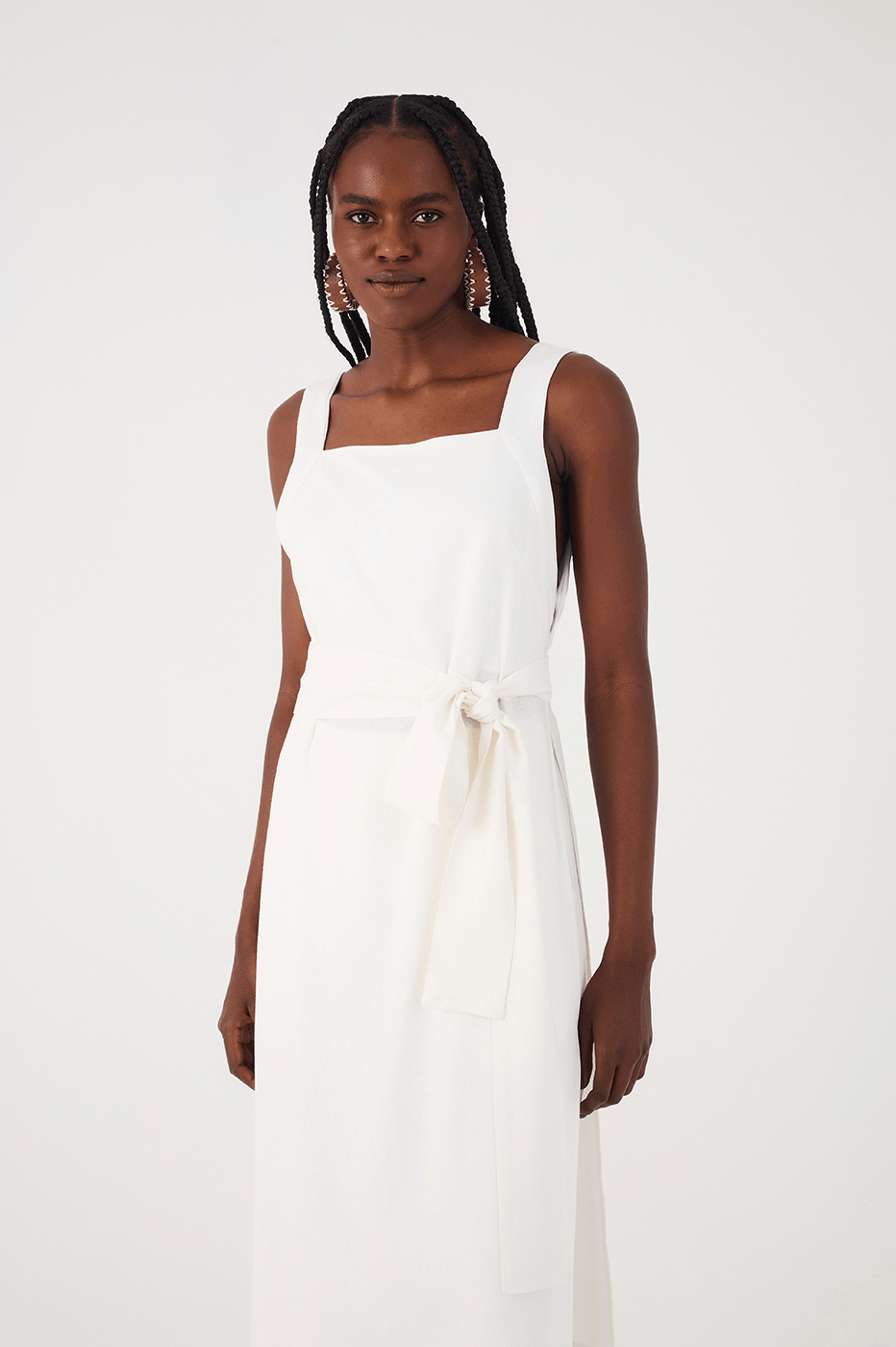 Off-White Square Neck Side Slits Belted Linen Midi Tunic_4