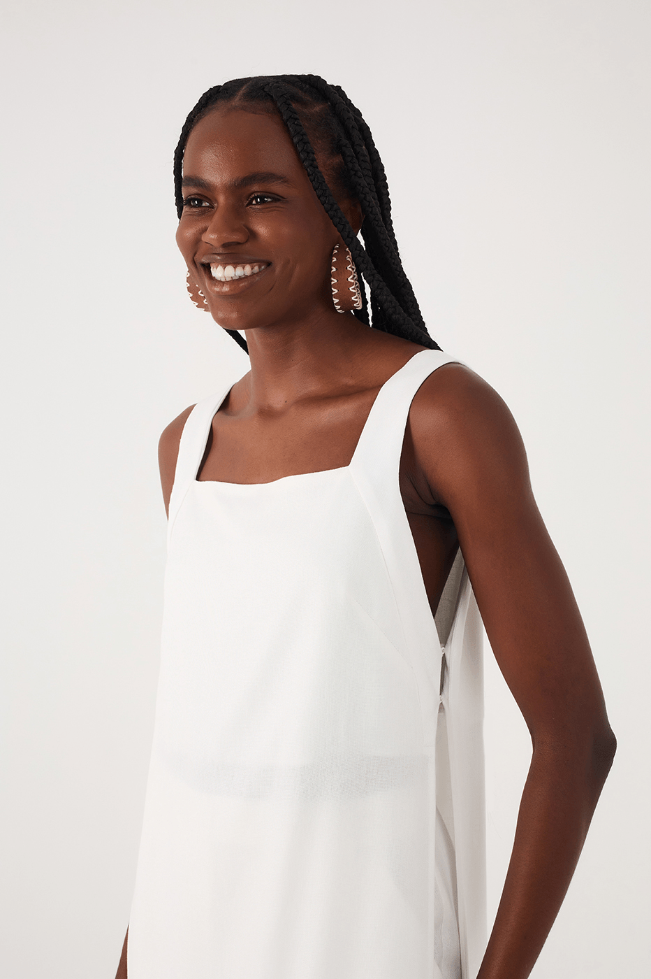 Off-White Square Neck Side Slits Belted Linen Midi Tunic_5