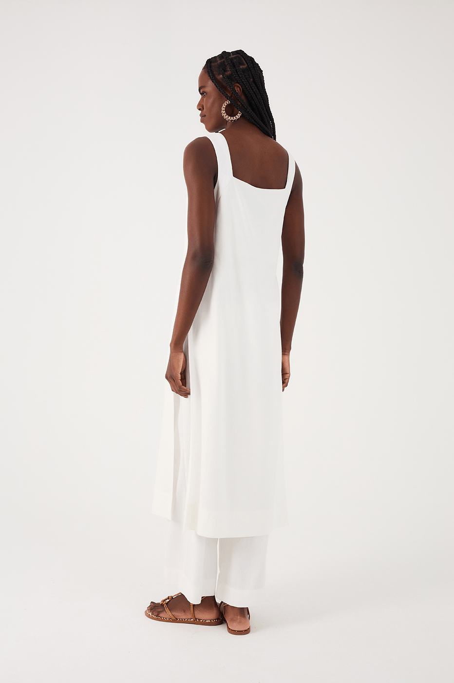 Off-White Square Neck Side Slits Belted Linen Midi Tunic_7