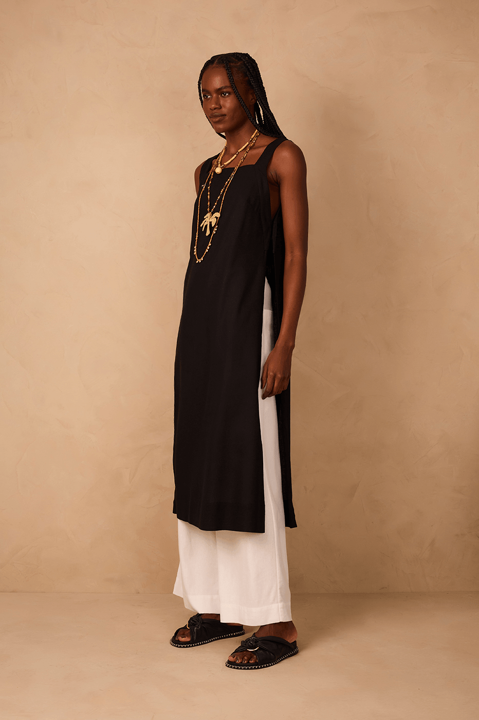 Black Square Neck Side Slits Belted Linen Midi Tunic_1