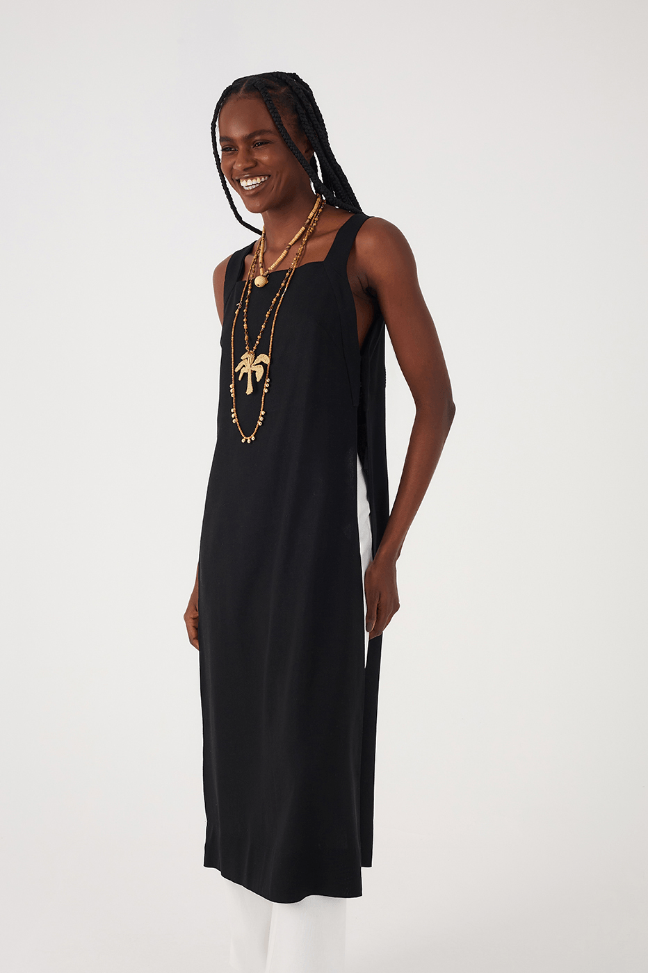 Black Square Neck Side Slits Belted Linen Midi Tunic_3