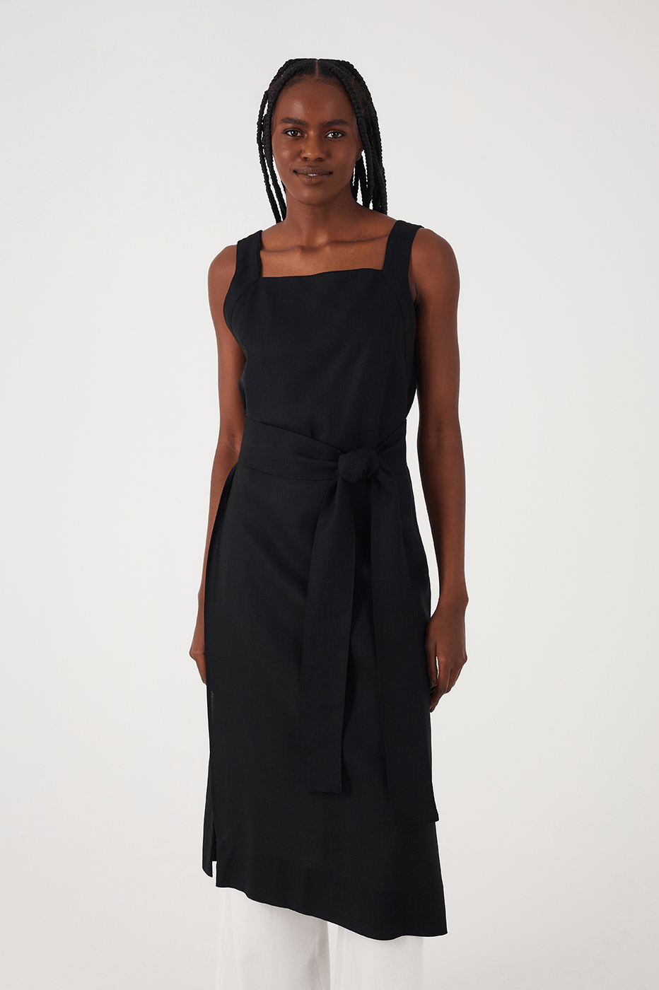 Black Square Neck Side Slits Belted Linen Midi Tunic_5