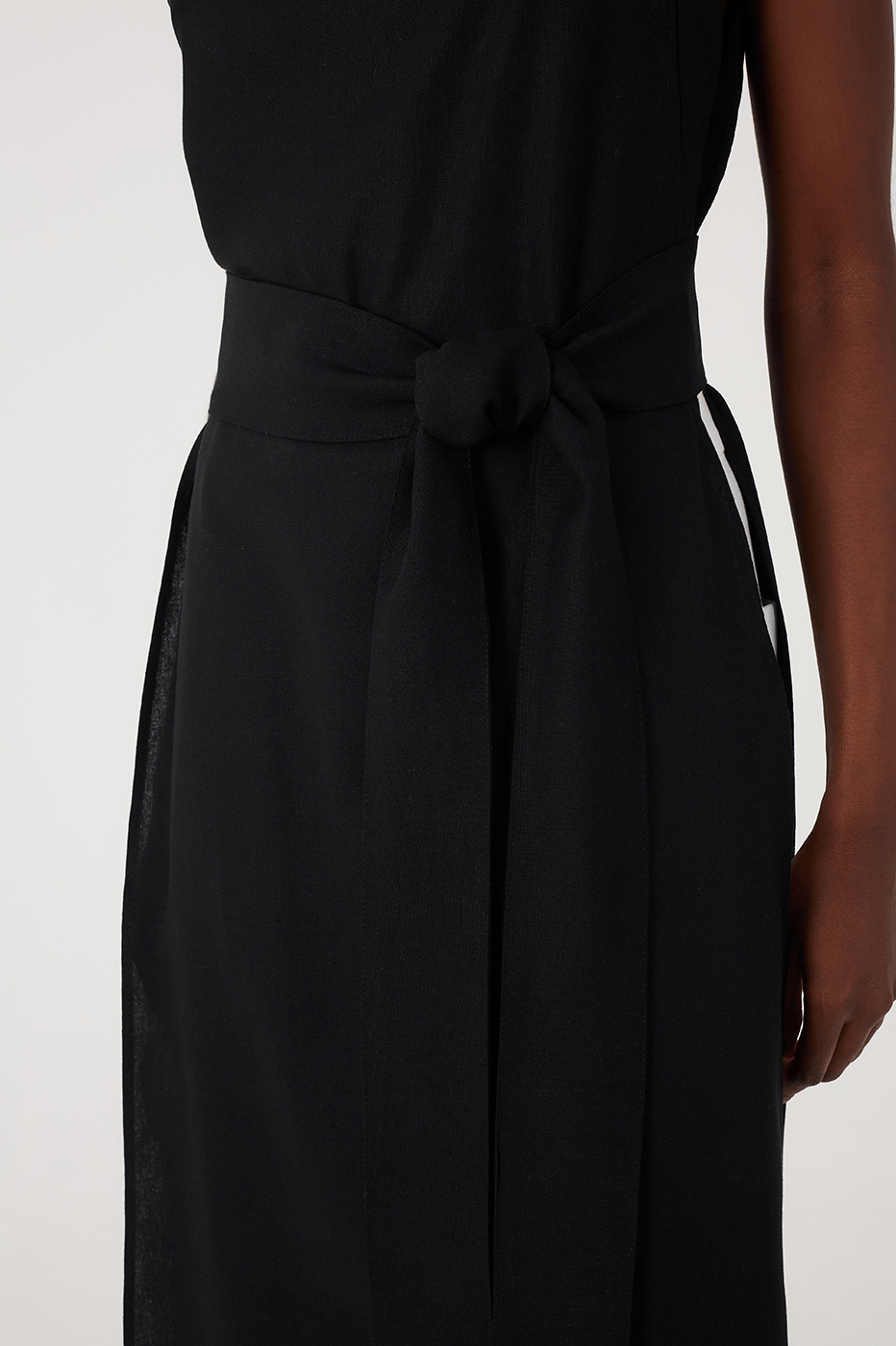 Black Square Neck Side Slits Belted Linen Midi Tunic_6