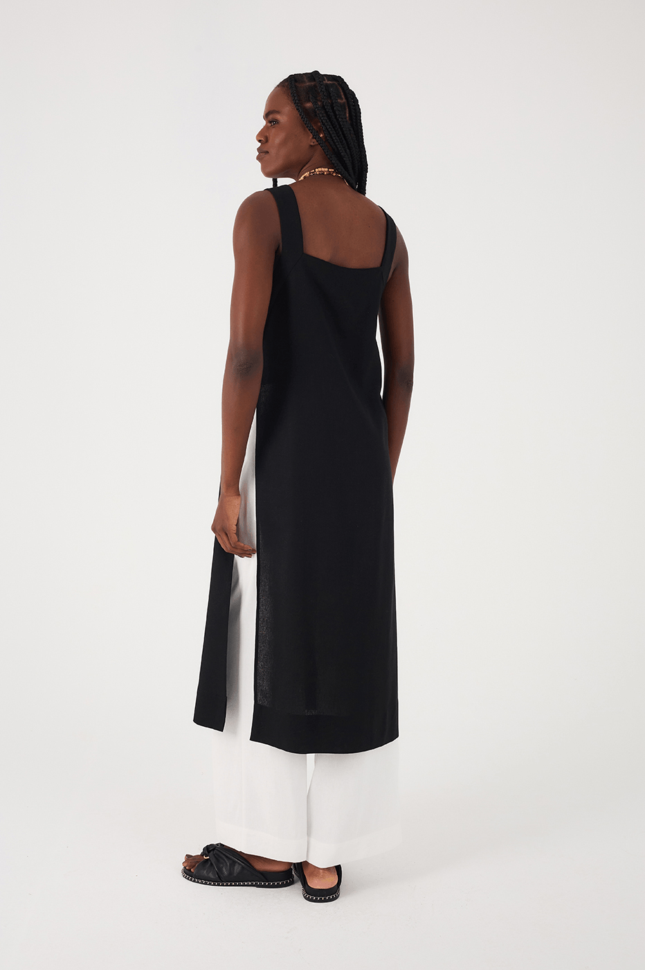 Black Square Neck Side Slits Belted Linen Midi Tunic_7