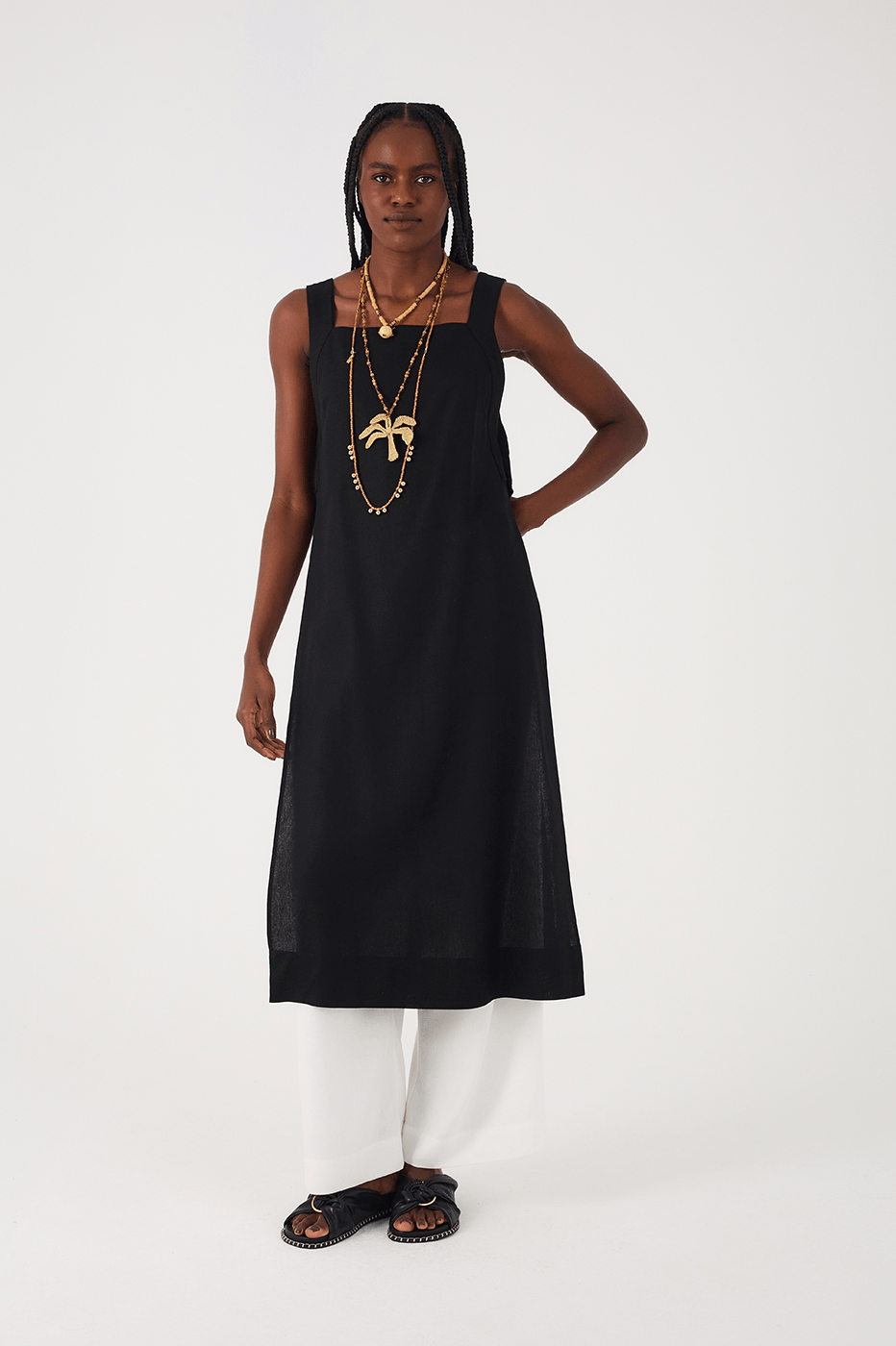 Black Square Neck Side Slits Belted Linen Midi Tunic_9