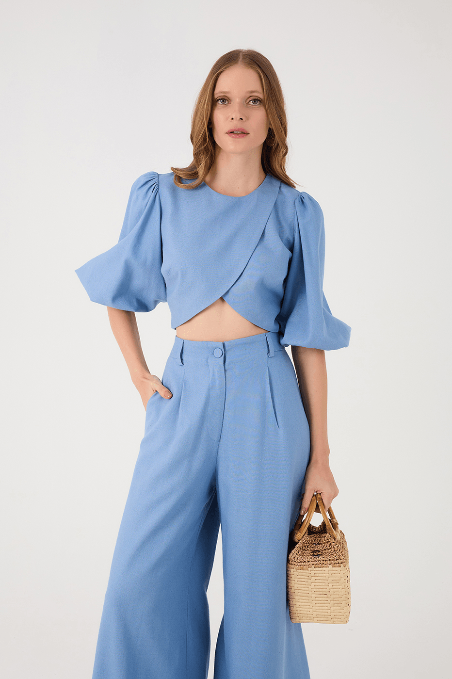 Blue Arpoador Puff Sleeve Wrap Crop Blouse_2