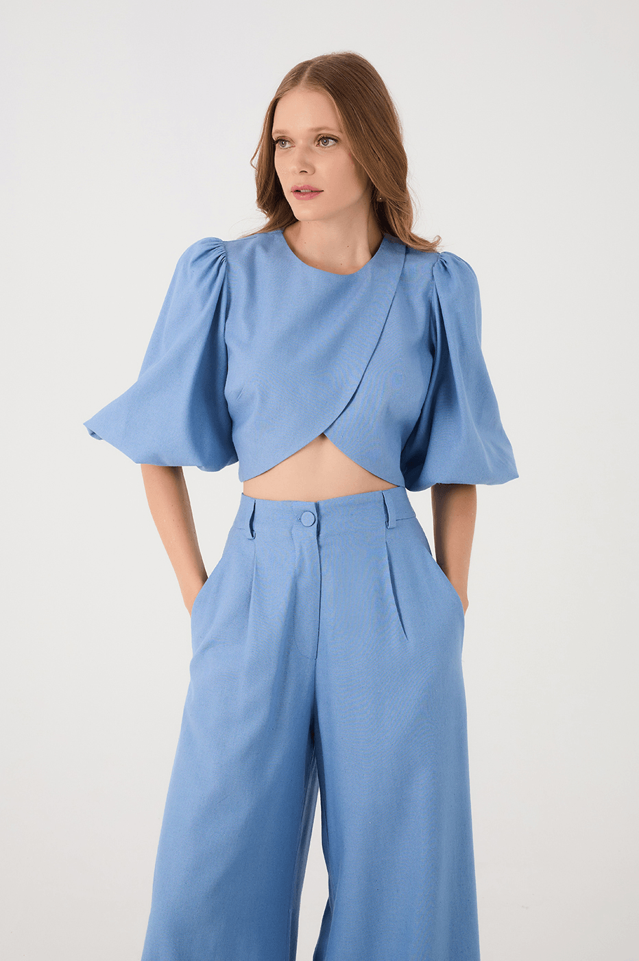 Blue Arpoador Puff Sleeve Wrap Crop Blouse_3