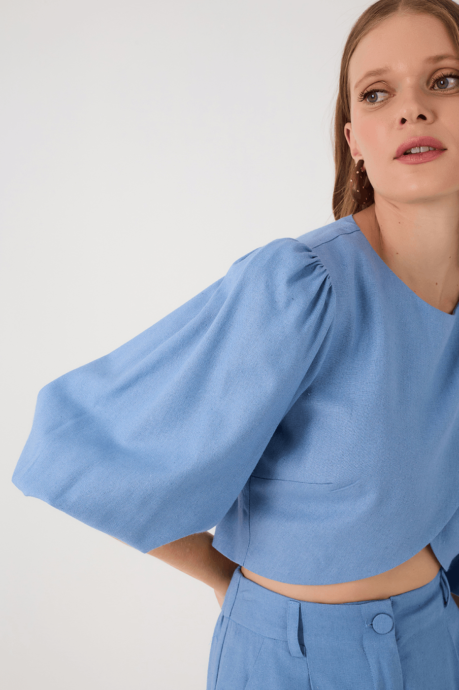 Blue Arpoador Puff Sleeve Wrap Crop Blouse_5