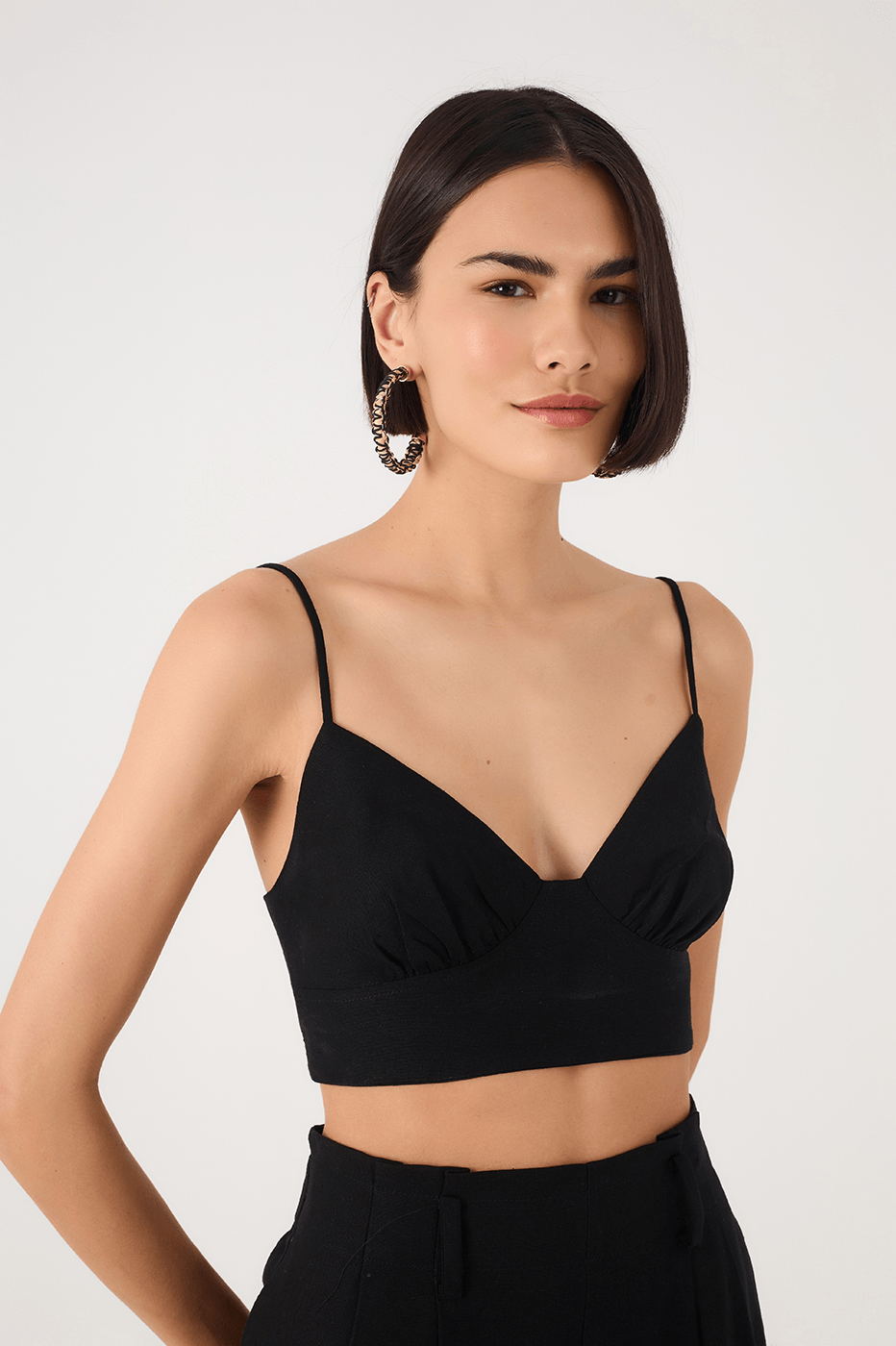 Black Sweetheart Neck Smocked Linen Crop Top