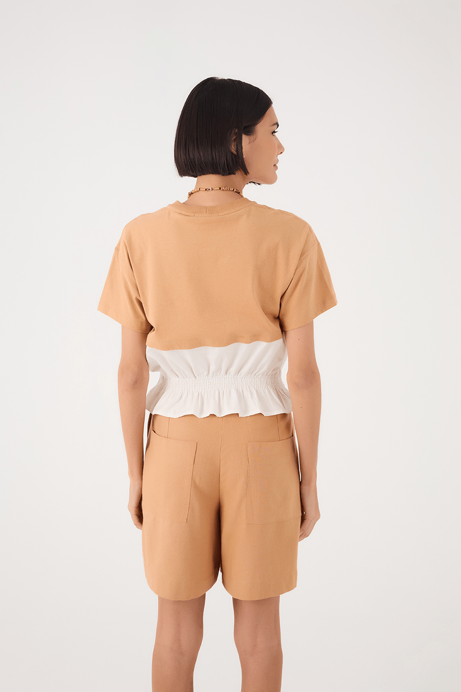 Beige And White Crew Neck Smocked Hem T-Shirt
