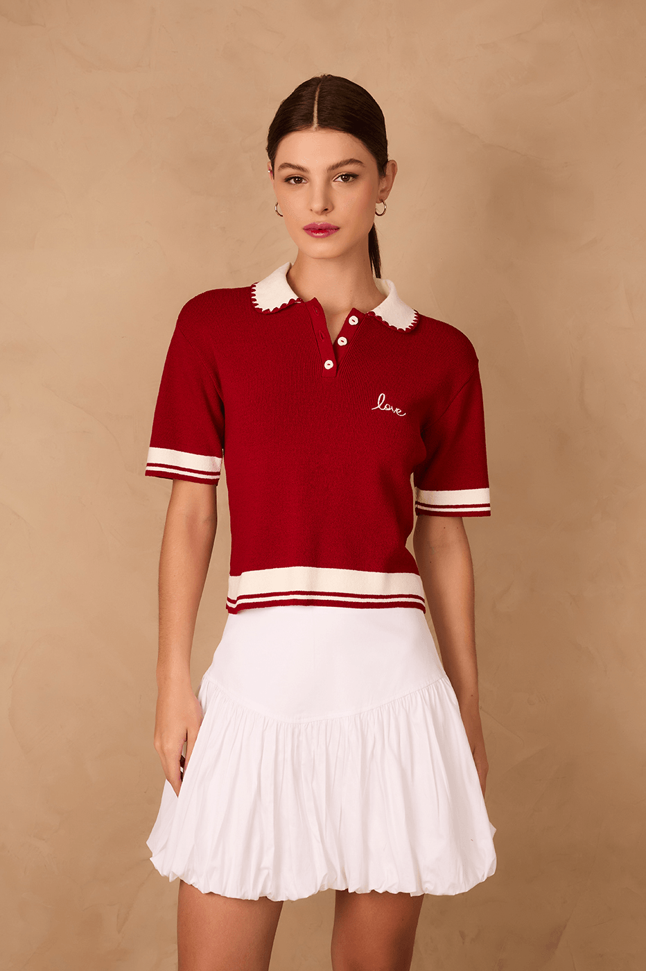 Red Encanto Embroidered Tricot Polo Shirt