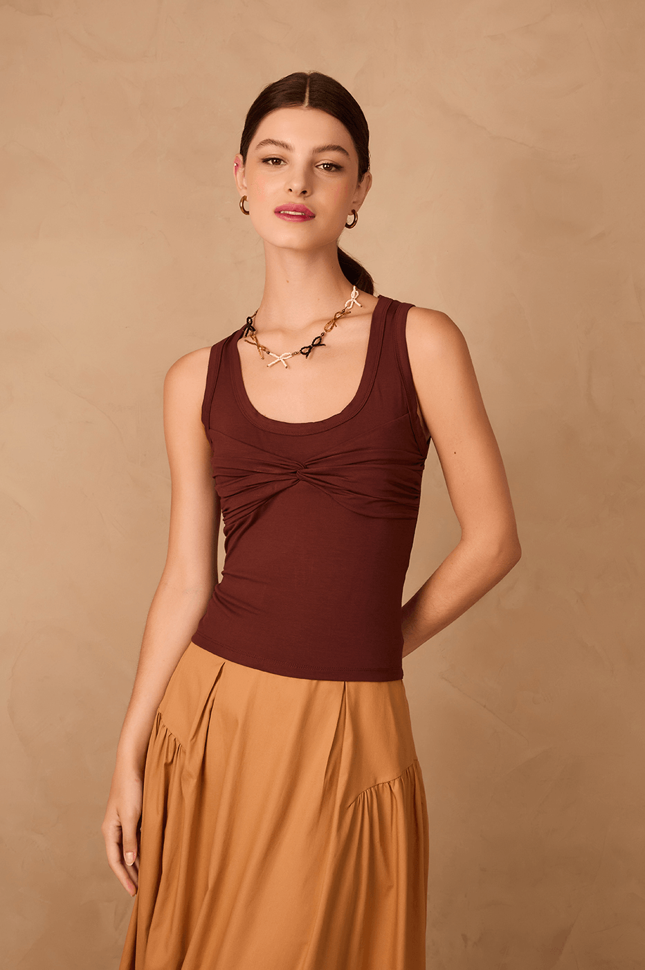 Brown Caffeine Ruched Bodice Tank Top