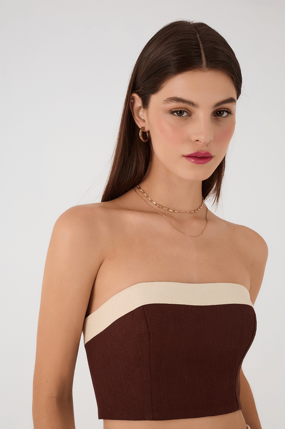 Brown Strapless Linen Crop Top
