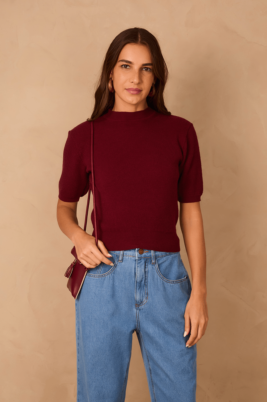Wine Bossa Short Sleeve Crew Neck Tricot Blouse_1
