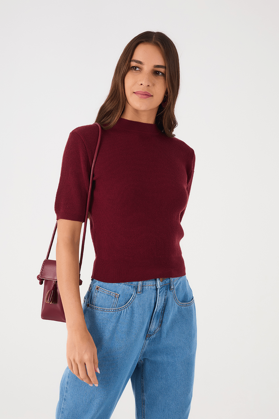 Wine Bossa Short Sleeve Crew Neck Tricot Blouse_2