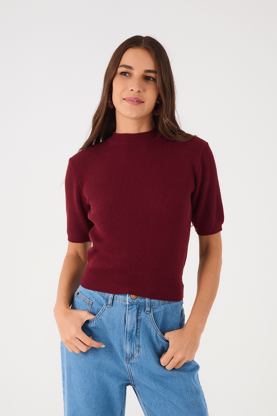Wine Bossa Short Sleeve Crew Neck Tricot Blouse_3