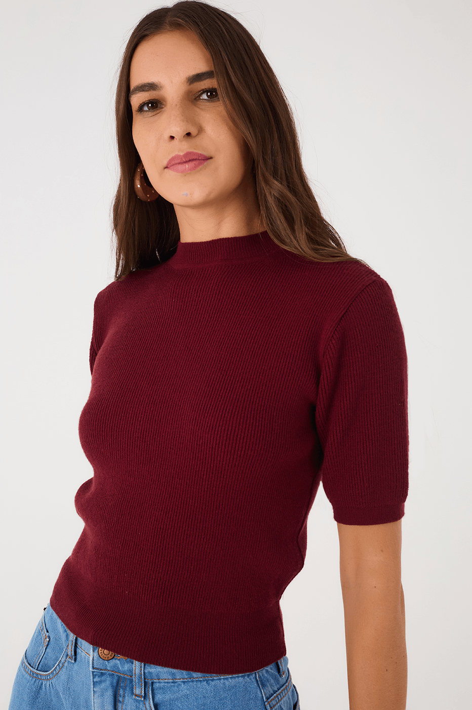 Wine Bossa Short Sleeve Crew Neck Tricot Blouse_4