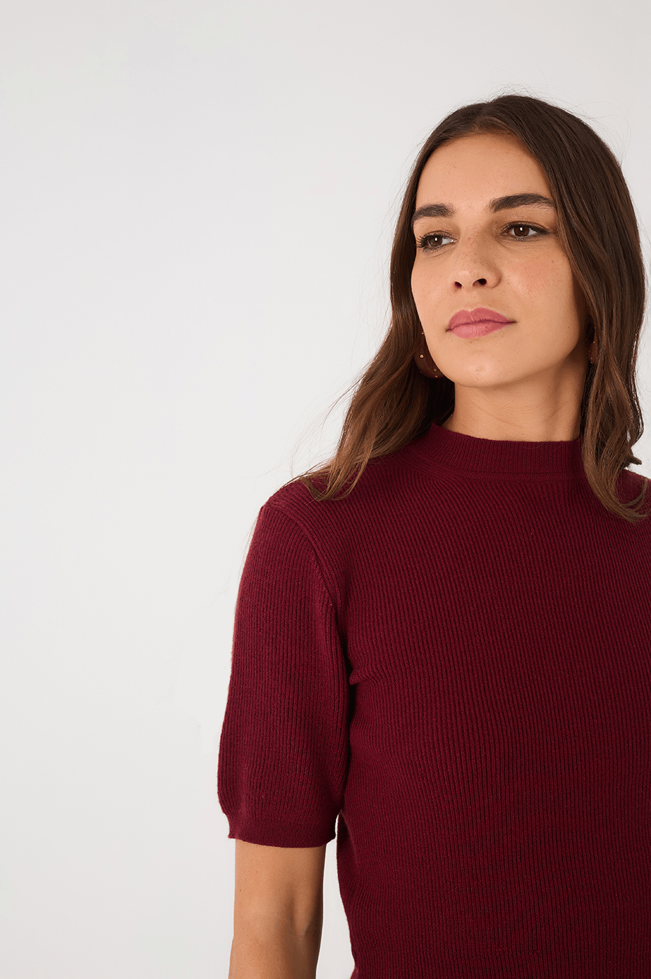 Wine Bossa Short Sleeve Crew Neck Tricot Blouse_5