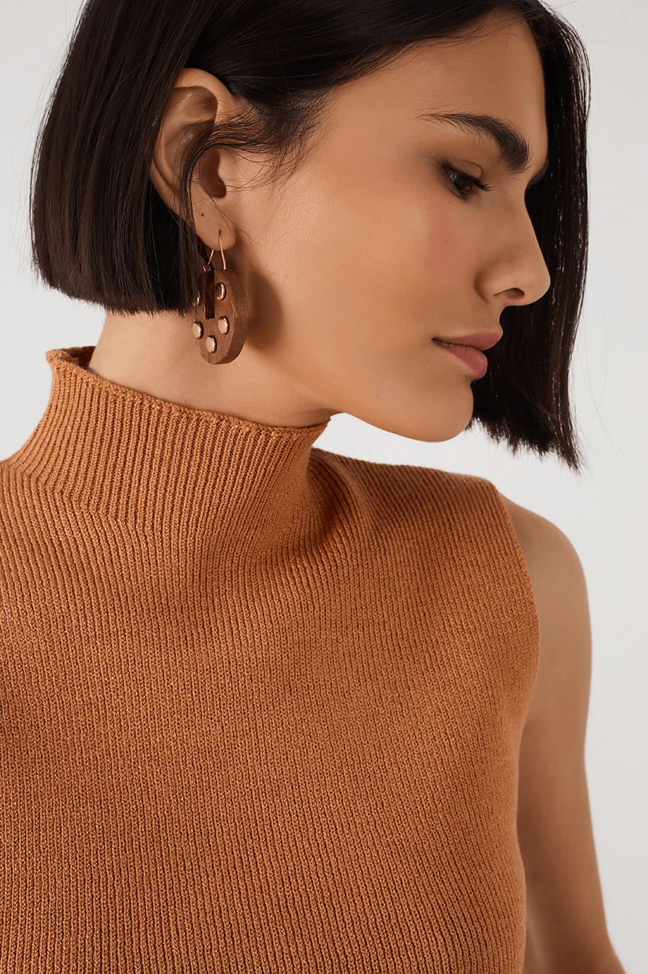 Beige Leme High Neck Ribbed Tricot Blouse