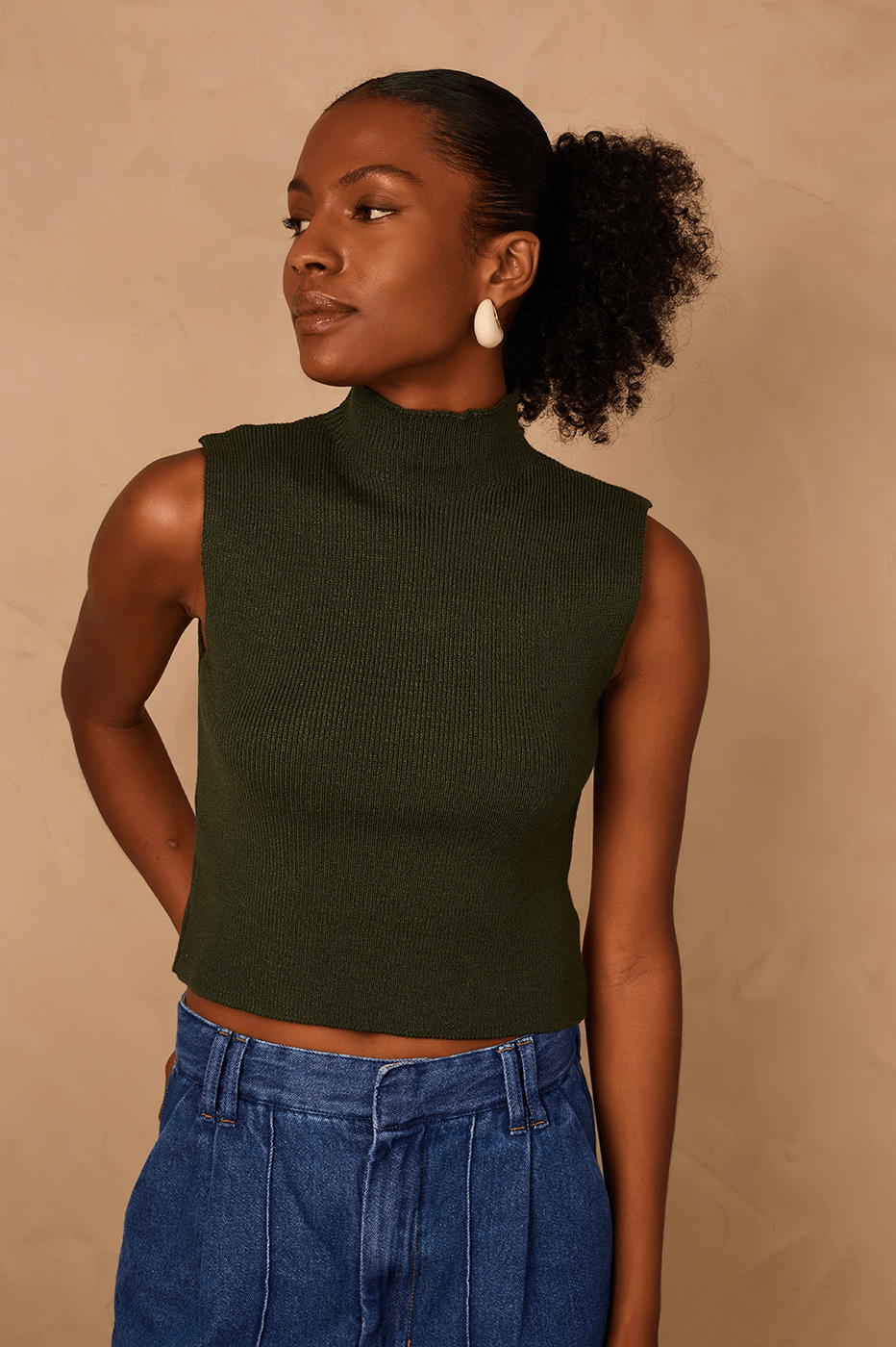 Green Botanico High Neck Ribbed Tricot Blouse_1