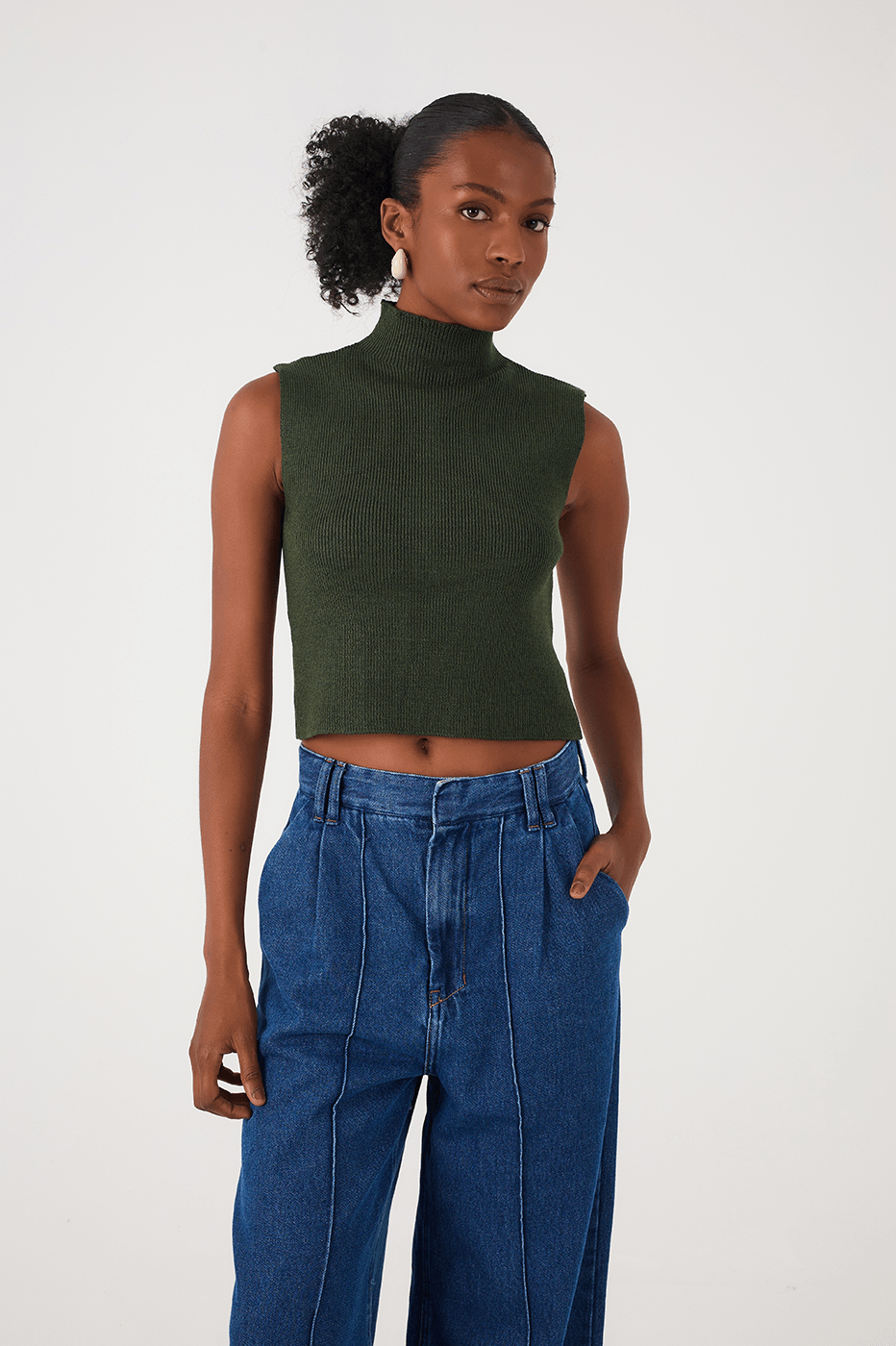Green Botanico High Neck Ribbed Tricot Blouse_2