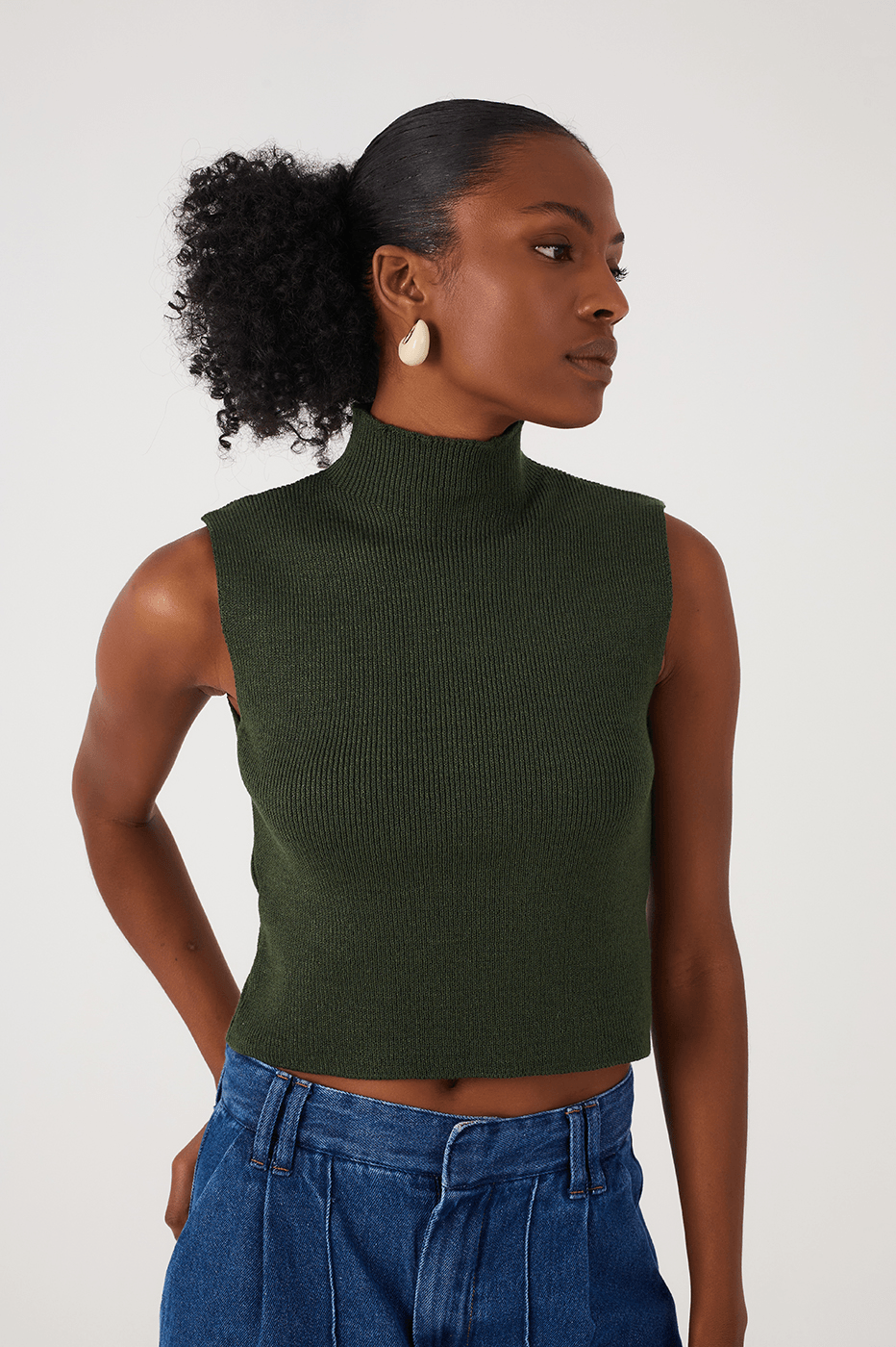 Green Botanico High Neck Ribbed Tricot Blouse_3