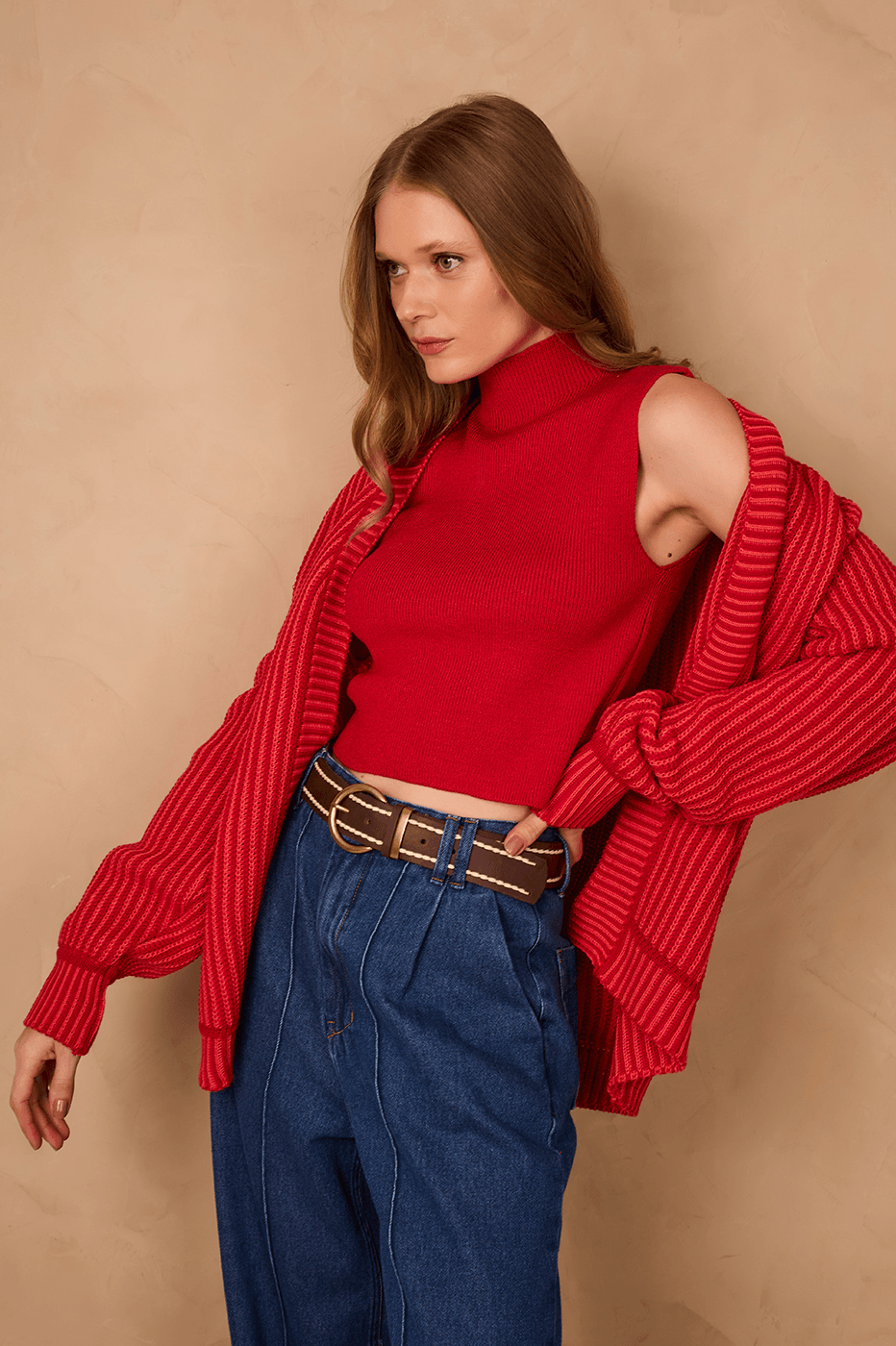 Wine Bossa High Neck Ribbed Tricot Blouse_1