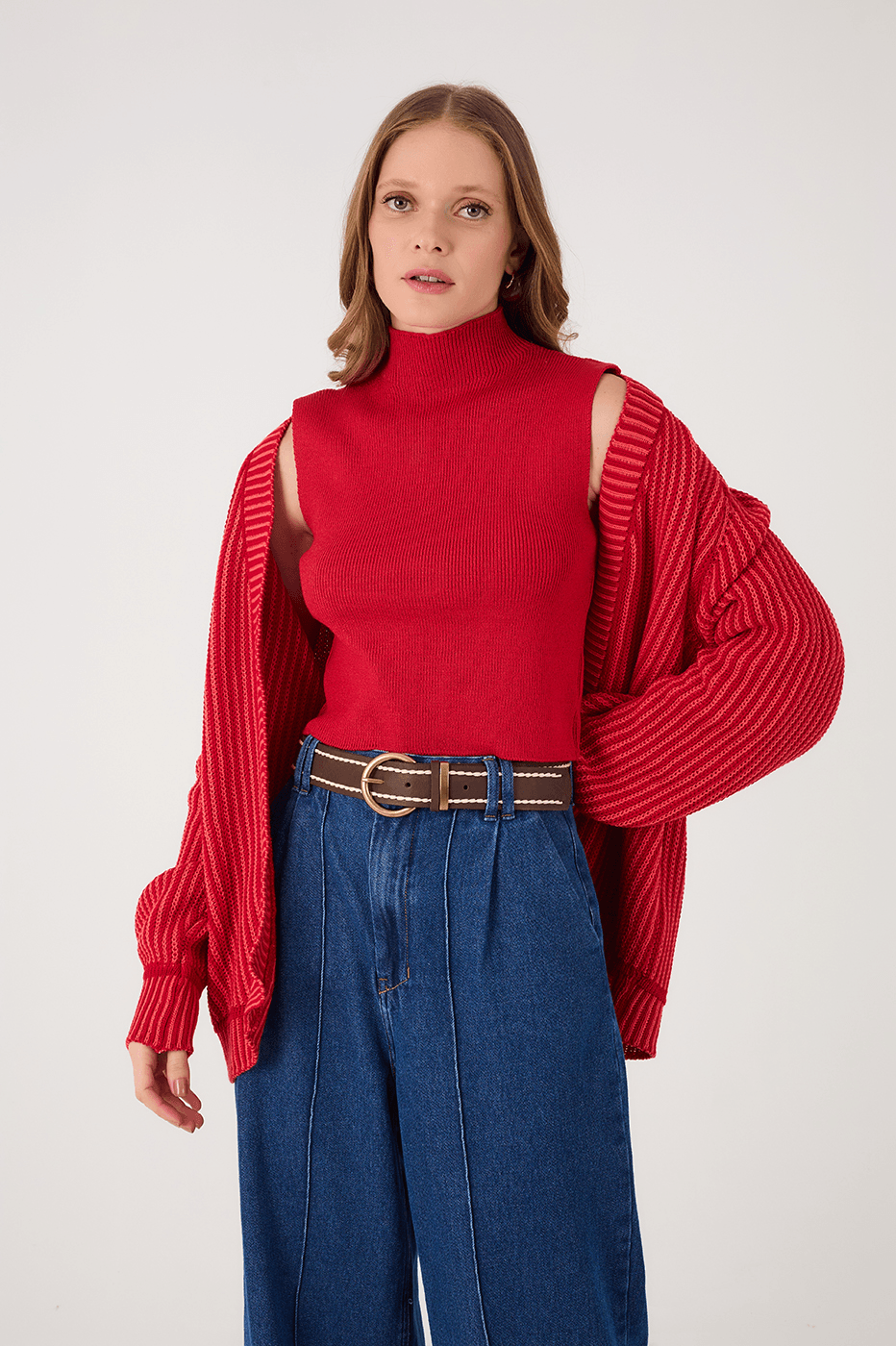 Wine Bossa High Neck Ribbed Tricot Blouse_2