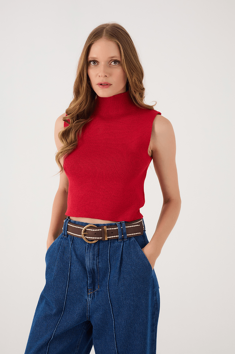 Wine Bossa High Neck Ribbed Tricot Blouse_3