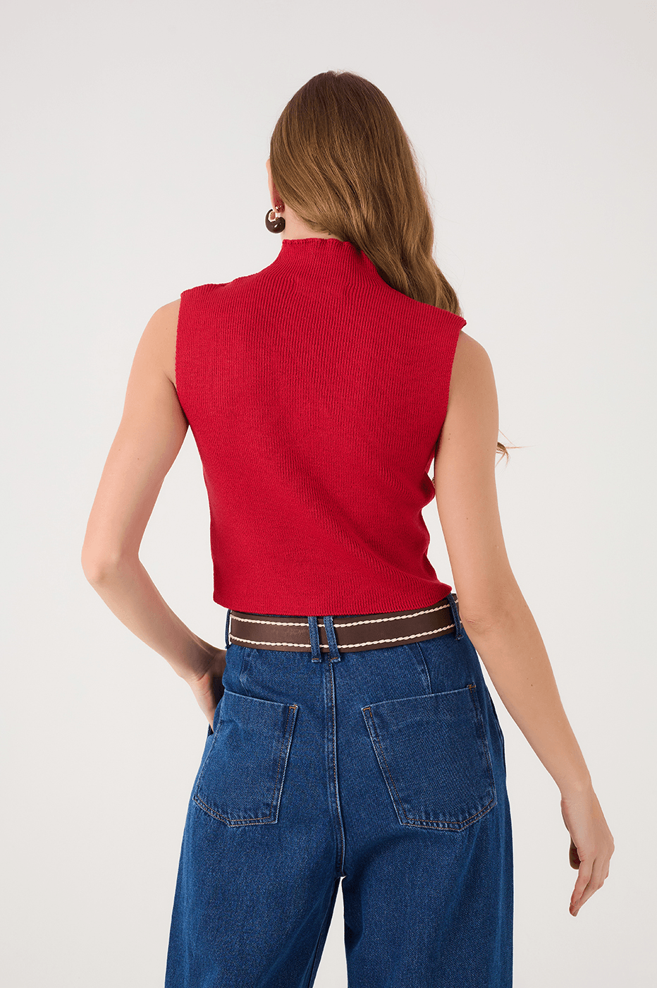 Wine Bossa High Neck Ribbed Tricot Blouse_5