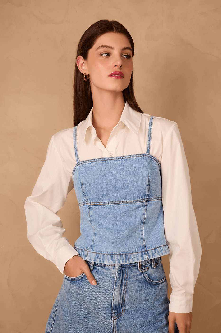 Denim Square Neck Sleeveless Back Buttons Crop Top_1