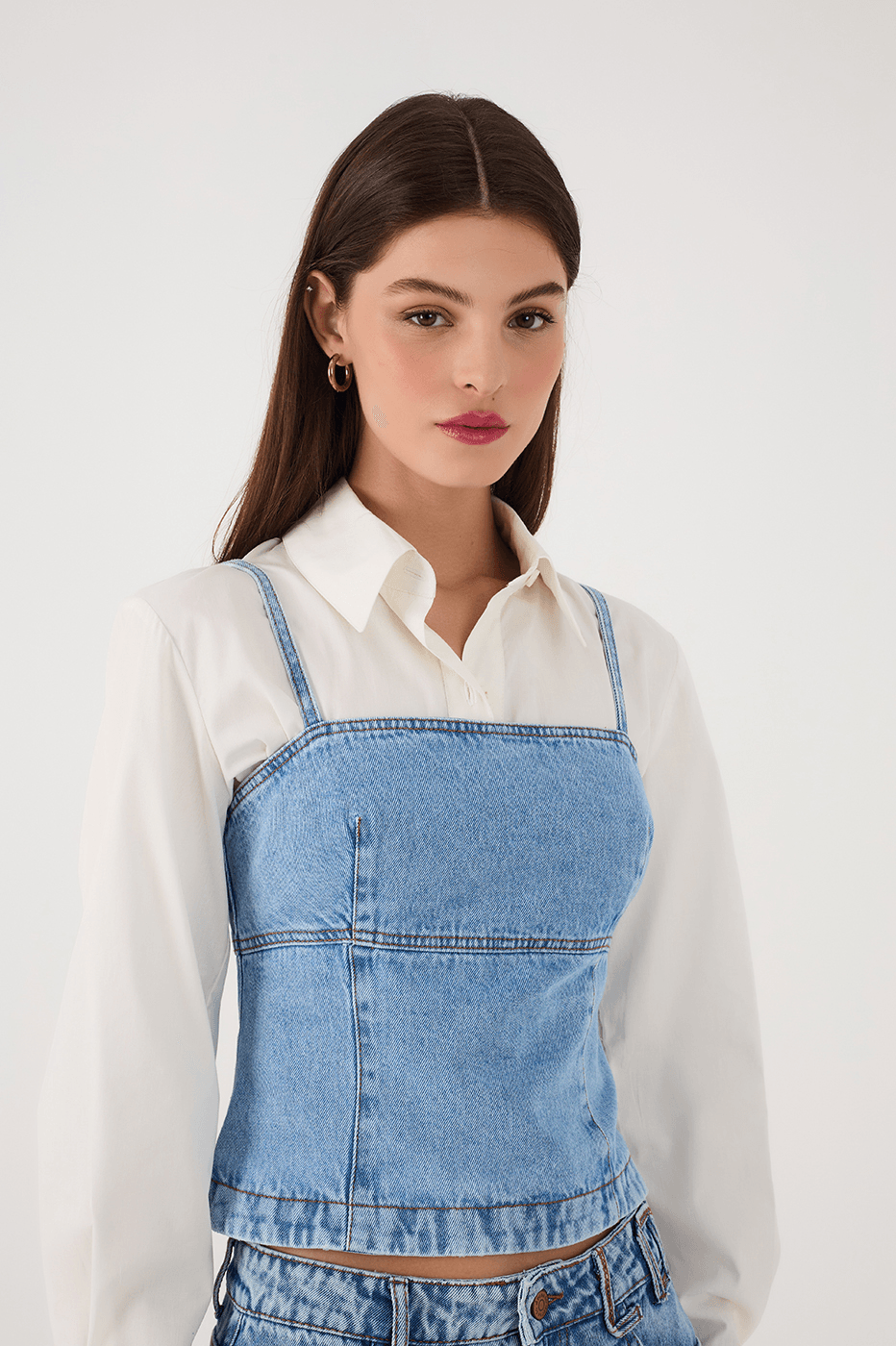 Denim Square Neck Sleeveless Back Buttons Crop Top_3