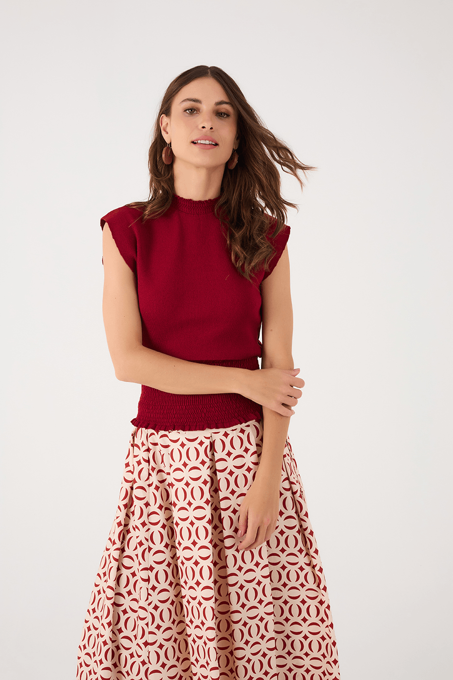 Red Encanto Smocked High Neck Sleeveless Tricot Blouse_2